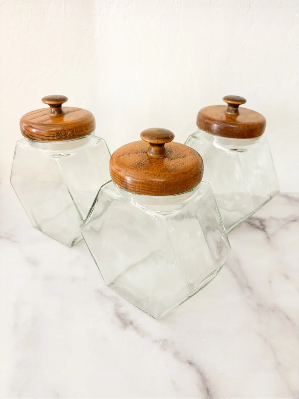 Vintage MCM Glass Hexagon Pantry Candy/Storage Jars with Wood Lids Set of 3